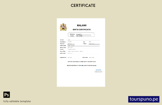 listo para imprimir Certificado de nacimiento de Malawi Plantilla en Word y PDF,